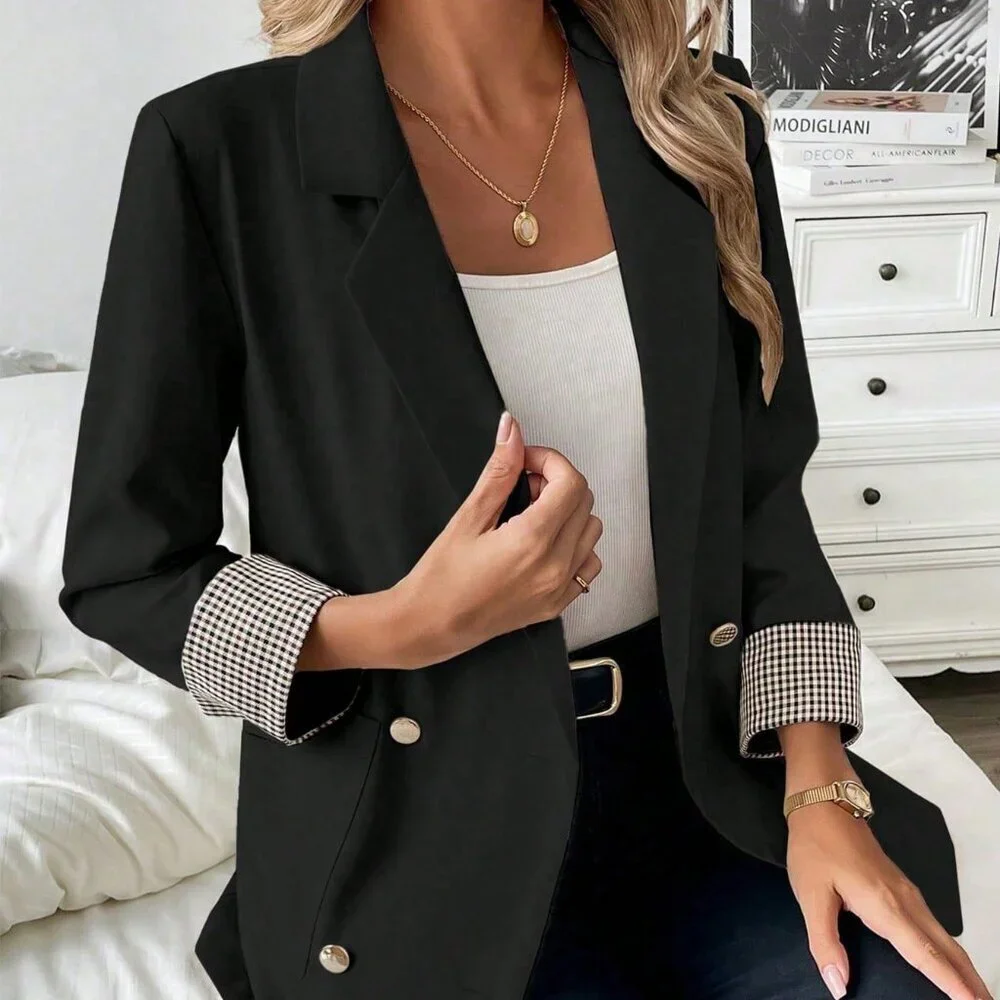 Elegant Black Women's Plaid Sleeve Trim Blazer - Picture 4 of 4